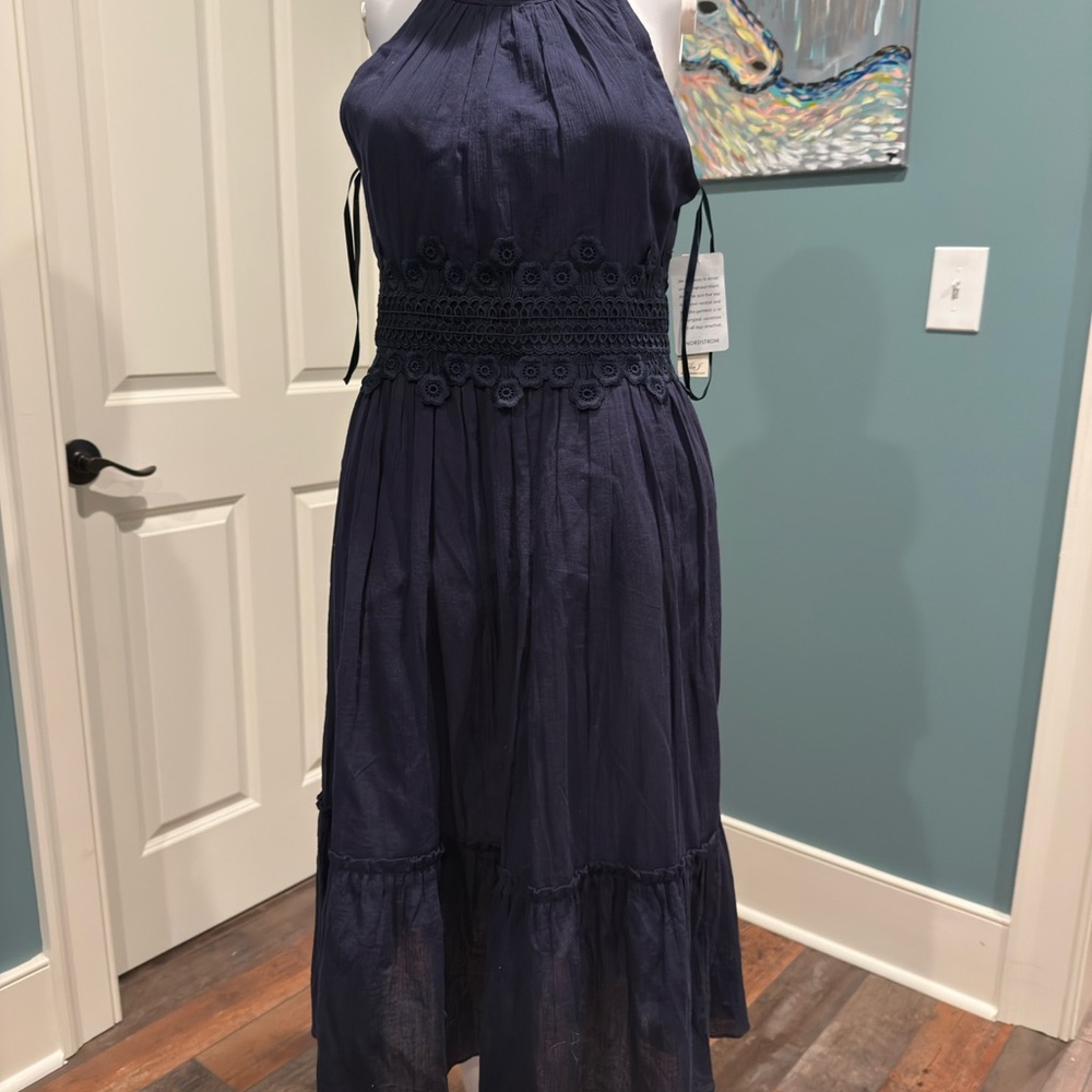 Eliza J Navy Midi Dress with Lace Detail